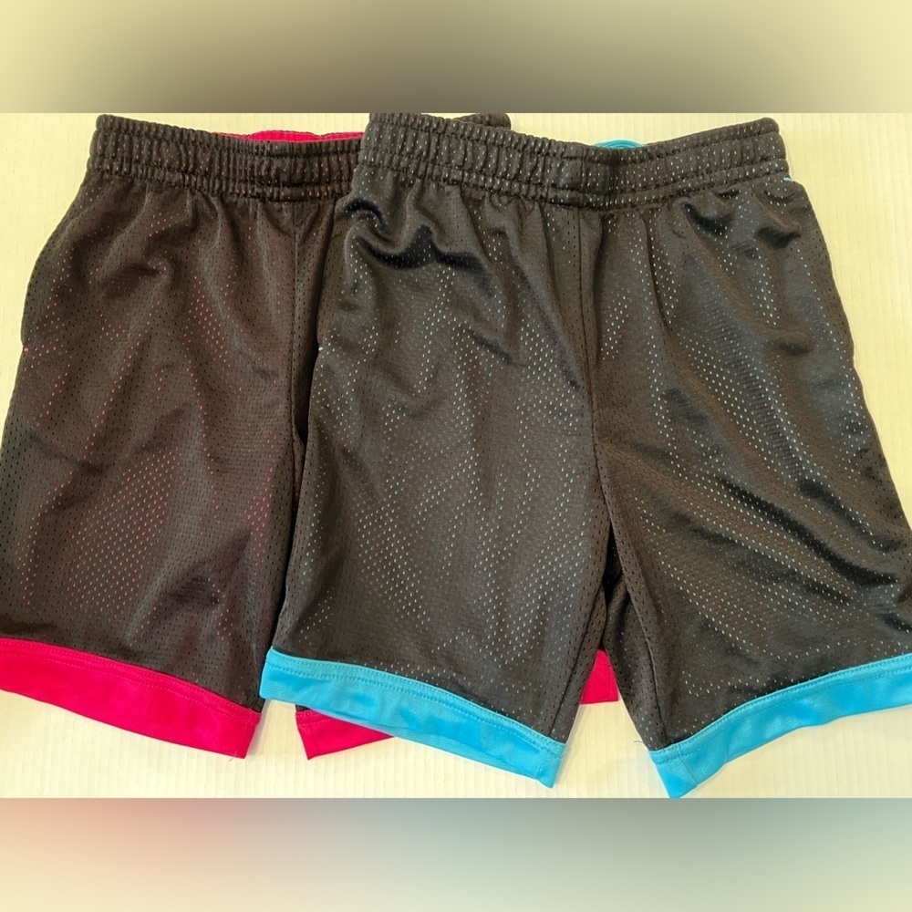 ATHLETIC WORKS BOYS MESH SHORTS LARGE (10-12)   2 PAIRS.  BLACK W/COLORED TRIM
